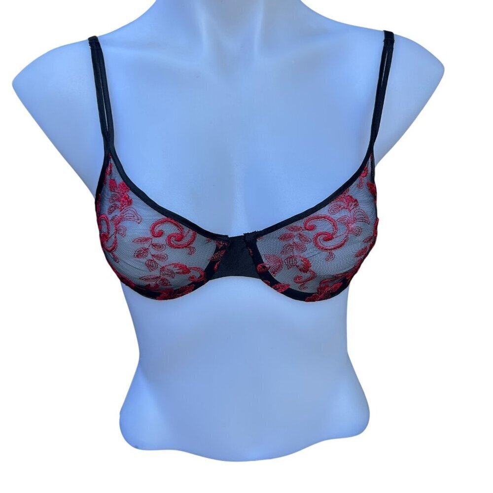 Natori Y2K Black and Red Lace Demi Underwire Bra Size 34B
